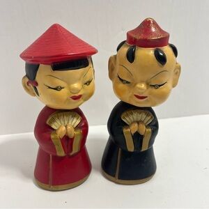 Vintage 1960s Asian Kokeshi Nodder Bobble Heads Boy And Girl w/Jeweled Eyes Rare